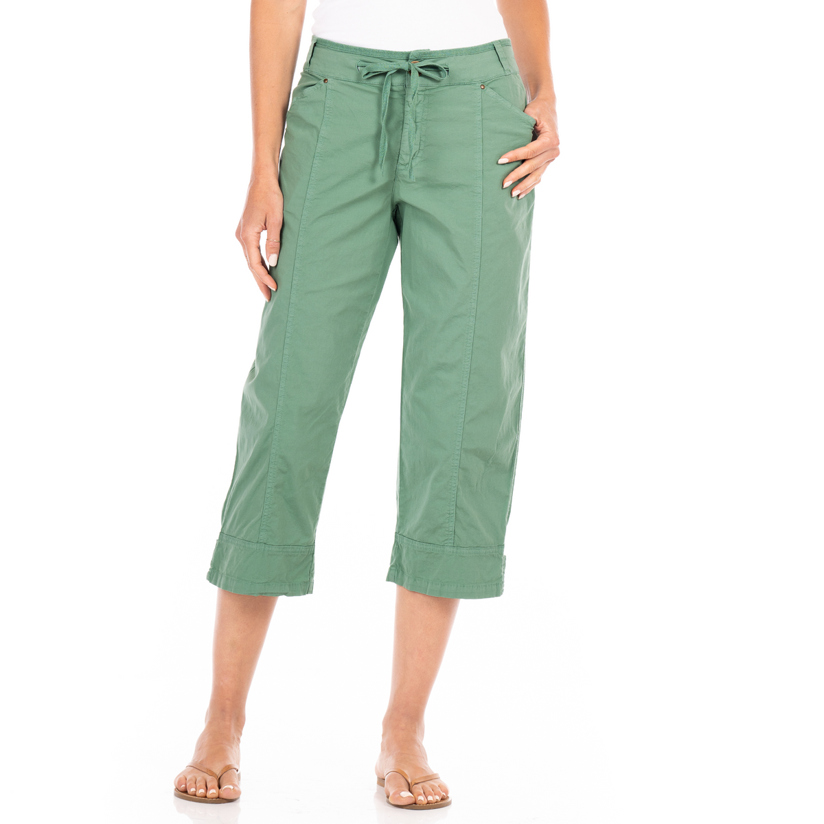 Fresh Produce Clothes Safari Capris Lagoon in green stretch broadcloth featuring a drawstring waist and side pockets.